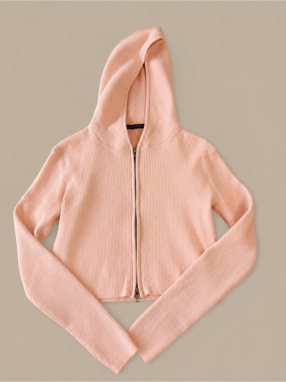 Brandy Melville Ribbed Cropped Zip Hoodie - Light Peach